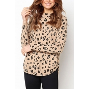 Leopard Print Long Sleeve Crew Neck Curved Hem Relaxed Fit Casual T Shirt in Khaki