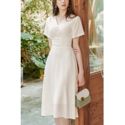 Formal Womens Solid Color Short Sleeve V-neck Button up Mid Smock Dress in Apricot