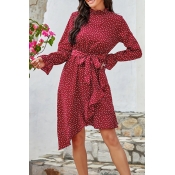 Cute Girls Ditsy Floral Printed Long Sleeve Stringy Selvedge Bow Tied Waist Ruffled Short Wrap Dress in Red