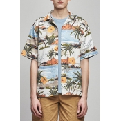 Classic Mens Shirt Coconut Tree Floral Water Pattern Button-down Short Sleeve Notch Collar Regular Fit Shirt