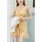 Yellow Flower All over Printed Spaghetti Straps Ruffled Short Wrap A-line Fancy Slip Dress for Girls