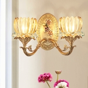 2 Bulbs Wall Sconce with Lotus Shade Ribbed Glass Traditional Bedroom Wall Light Fixture in Gold