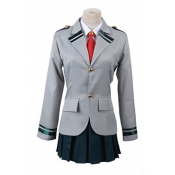 Preppy Girls Gray Striped Long Sleeve Lapel Neck Button-up Flap Pockets Fit Blazer Shirt Mini Pleated Skirt Co-ords with Red Tie