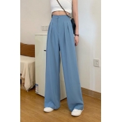 Trendy Womens High Waist Solid Color Long Length Wide-Leg Trousers in Blue