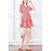 Adorable Girls Polka Dot Printed Ruffle Trimmed Short Sleeve V-neck Short Pleated A-line Dress