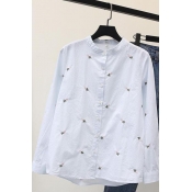 White Simple Floral Embroidered Ruffled Collar Long Sleeve Button Down Cotton Shirt