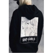 Letter Sad Girls Comic Figure Graphic Long Sleeve Drawstring Kangaroo Pocket Relaxed Fashion Hoodie