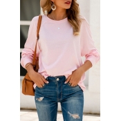 Leisure Womens Long Sleeve Crew Neck Loose Fit T Shirt in Pink