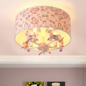 Drum Semi Flush Mount Cartoon Fabric 5 Lights Bedroom Ceiling Light Fixture with Whirligig Design in Pink