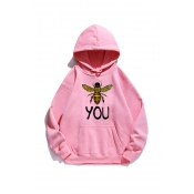 Leisure Womens Letter You Cartoon Bee Graphic Long Sleeve Pouch Pocket Relaxed Fit Hoodie