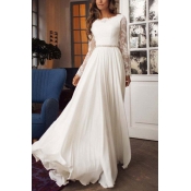 White Elegant Womens Cut Out Lace Gathered Waist Pleated Open Back Crew Neck Long Sleeve Maxi Fit&Flare Gown Wedding Dress