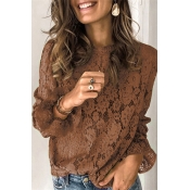 Trendy Solid Color Lace Crochet Sheer Crew Neck Ruffle Trim Long Sleeve Loose Tee Top