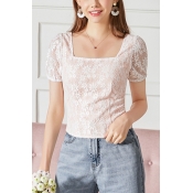 Formal Ladies Applique Lace Puff Sleeve Square Neck Slim Fit T-shirt in Apricot