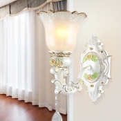 White 1/2 Head Wall Sconce Traditional Cream Glass Floral Shade Up Wall Mounted Light Fixture