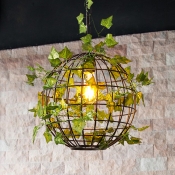 Industrial Globe Cage Ceiling Hang Fixture 1 Bulb Iron Pendulum Light in Black with Simulated Plant Deco