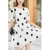 Pretty Ladies Polka Dot Printed Puff Sleeve Crew Neck Short Pleated A-line Dress in White