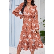 Popular All over Flower Printed Long Sleeve V-neck Button up Mid A-line Dress in Red