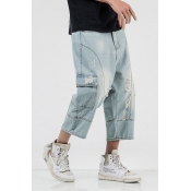 Classic Mens Jeans Distressed Flap Pockets Zipper Fly Loose Fitted Straight Capris Jeans with Washing Effect