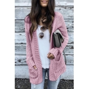 Casual Womens Solid Color Open Front Two-Pocket Long Sleeve Loose  Tunic Knit Cardigan Sweater Coat