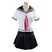 Fashionable Girls Striped Short Sleeve Sailor Collar Tie Regular Fit Tee & Strap Decoration Mini Pleated Skirt Set in White