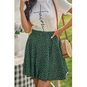 Trendy Polka Dot Printed High Waist Mini Pleated Flared Skirt in Green