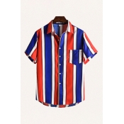 Classic Mens Shirt Striped Colorblock Pattern Pocket Button down Short Sleeve Spread Collar Fitted Shirt
