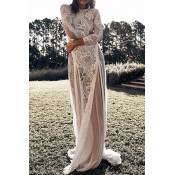 Fancy Womens See-through Lace 3/4 Sleeve Round Neck Maxi Flowy Dress in White