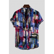 Colorful Men's Shirt Painted Striped Printed Spread Collar Regular Fit Short Sleeve Shirt