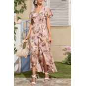 Popular Womens All over Flower Printed Short Sleeve Surplice Neck Ruffled Trim Long A-line Dress in Pink