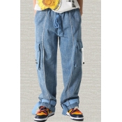 Cool Mens Jeans Ribbon Detail Flap Pockets Drawstring Loose Fitted Long Straight Jeans with Washing Effect