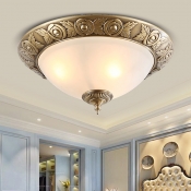 2/3-Bulb Flush Mount Lighting Antique Bedroom Ceiling Lamp with Bowl Opal Glass Shade in Brass, 12
