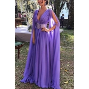 Special Occasion Purple Long Sleeve Deep V-neck Cut out Long Pleated A-line Dress with Belt
