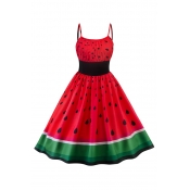 Novelty Womens Watermelon Pattern Zippered Sleeveless Spaghetti Neck Knee-Length A-Line Slip Dress