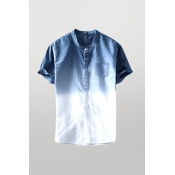 Casual Mens Shirt Ombre Pattern Pocket Button down Short Sleeve Stand Collar Regular Fitted Shirt
