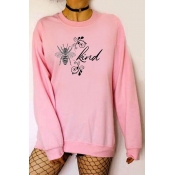 Kpop Letter Kind Cartoon Bee Graphic Long Sleeve Crew Neck Relaxed Fit Pullover Sweatshirt