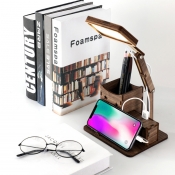 Wood Square Foldable Desk Lamp Modern Functional LED Reading Light in Black Brown/Beige/Red Brown with USB Charging Port and Pen Holder