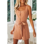 Womens Rompers Stylish Solid Color Roll-up Front Button Bow-Knot Detail Sleeveless Strap Regular Fitted Rompers