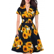 Women's Retro V-Neck Short Sleeve Fashion Sunflower Printed Button Down Midi A-Line Dress