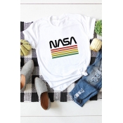 Unique Rainbow Striped Letter Nasa Printed Round Neck Roll Up Short Sleeve Regular Fitted T-Shirt for Women