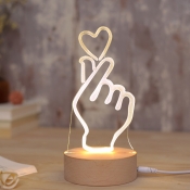 3D Finger Heart Small Night Light Modern Acrylic Bedside USB LED Table Lighting with Wood Base