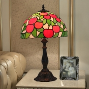 Apple Nightstand Lamp Mediterranean Stained Glass 1 Light Green and Red Night Lighting with Bowl Shade for Bedroom