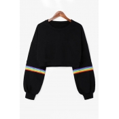 Popular Womens Rainbow Striped Printed Round Neck Full Sleeve Loose Fit Cropped Pullover Sweatshirt