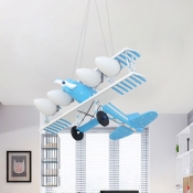 Cool Fighter Jet Drop Lamp Kids Opal Glass 4 Heads Red/Blue Hanging Chandelier for Child Bedroom