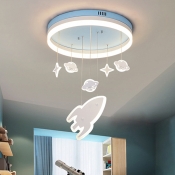 Blue Circle LED Flush Mounted Light Kids Acrylic Ceiling Lighting Fixture with Spaceship Drop