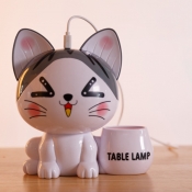Comic Cat/Kitten/Husky Dog USB Table Lamp Cartoon ABS Black/White/Orange LED Nightstand Light with Pencil Holder and Money Bank