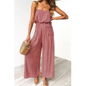 Womens Jumpsuits Fashionable Vertical Striped Pattern Bow-Knot Waist Wide Leg Sleeveless Strapless Loose Fitted Jumpsuits