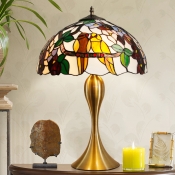 1 Light Bedroom Nightstand Light Tiffany Style Brass Flower and Bird Patterned Night Lamp with Dome Hand Cut Glass Shade