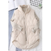 Womens Popular Solid Color Quilted Sleeveless Stand Collar Zip Up Curved Hem Relaxed Vest
