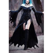 Womens Gothic Bell Long Sleeve Off the Shoulder Asymmetric High Slit Maxi Flowy Dress in Black