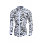 Stylish Men's Shirt Plant Leaf Floral Pattern Long Sleeves Contrast Trim Button down Point Collar Slim Fitted Shirt